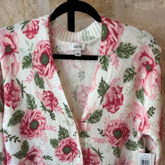 CeCe White and Pink Floral Button-Front Cardigan - Picture 2 of 7
